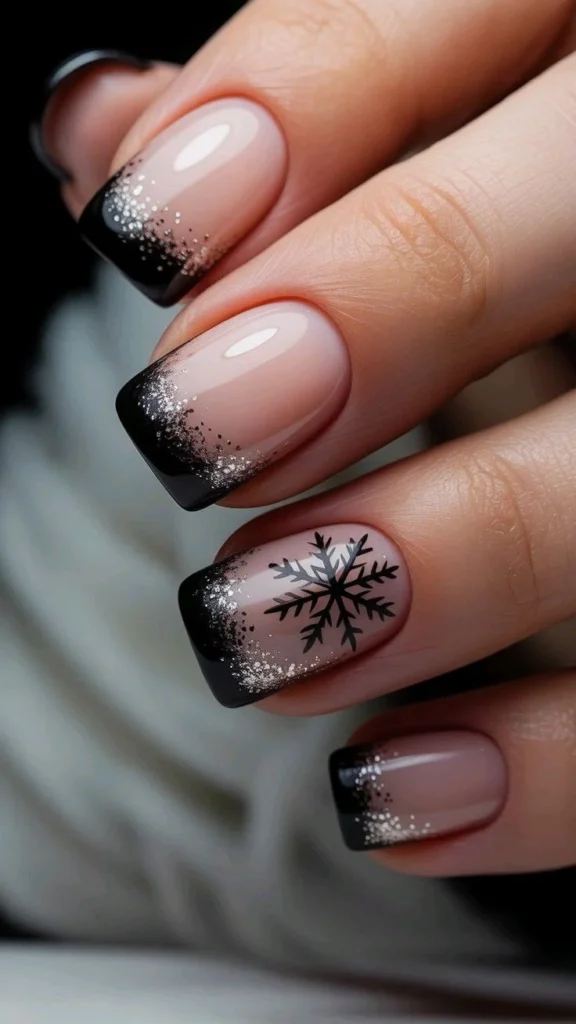 Dark, Festive, and Seriously Chic: 16 Black Christmas Nails for a Stylish Holiday Look 3 Black chirstmas nails French Tips With Snowflakes