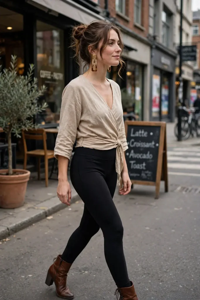 Black ponte leggings a wrap top statement earrings and heeled boots
