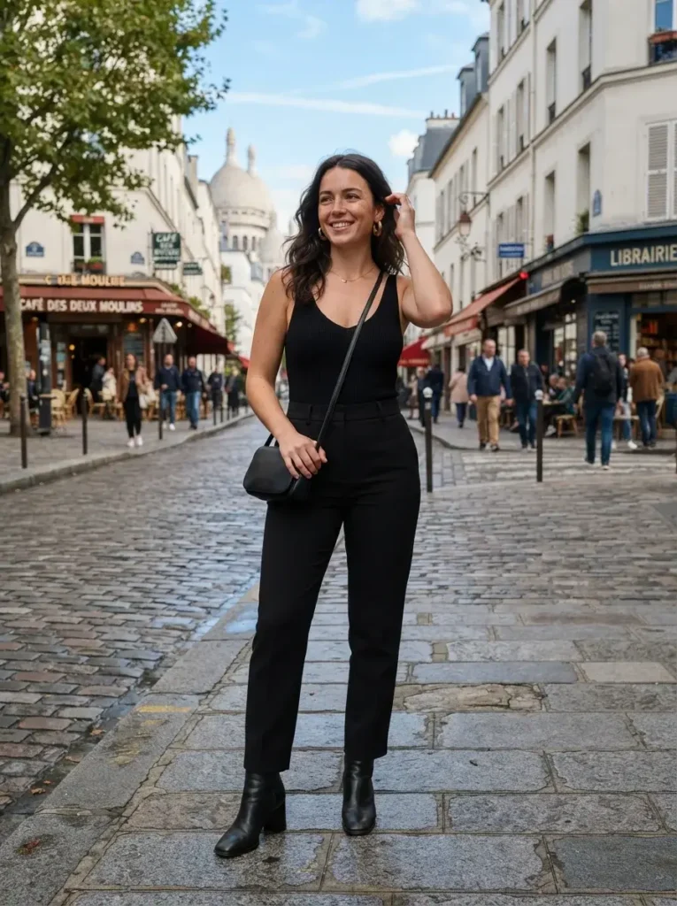 14 Midsize Fall Outfits That Actually Fit Real Life 14 Black trousers bodysuit or fitted knit statement earrings block heel boots