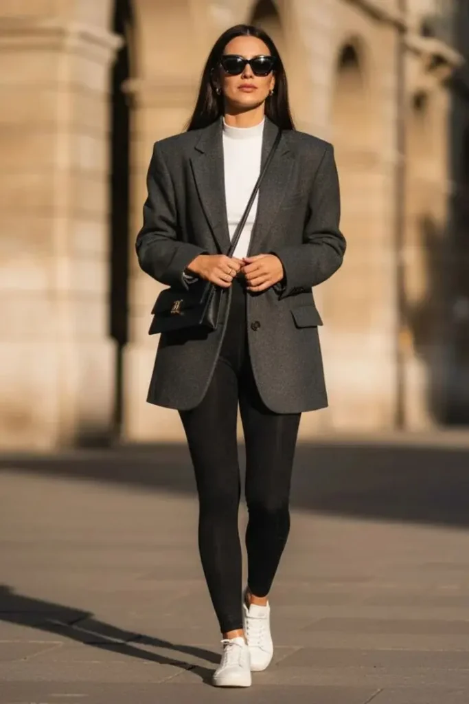 Leggings, But Make It Fall: 14 Fall Outfits Leggings Lovers Will Live In 6 Blazer With Stirrup Leggings