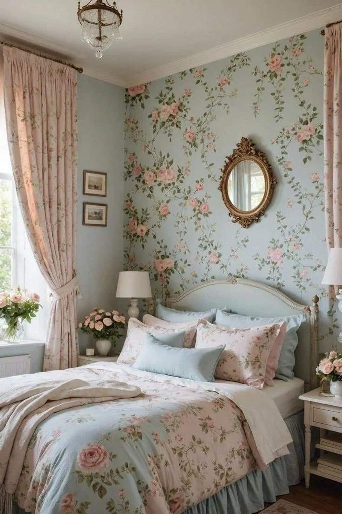 18 Blue Bedroom Ideas That Are Giving “Main Character Energy” Right Now 7 Blue Floral Wallpaper Charm