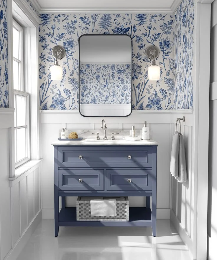 19 Blue Bathroom Ideas That Look Straight Out of a Pinterest Dream Board 15 Blue Floral Wallpaper