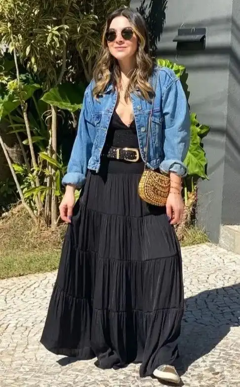The Denim Layer You’ll Keep Reaching For: 14 Jean Jacket Outfits Fall Is Made For 1 Blue Jean Jacket With a Black Maxi Skirt