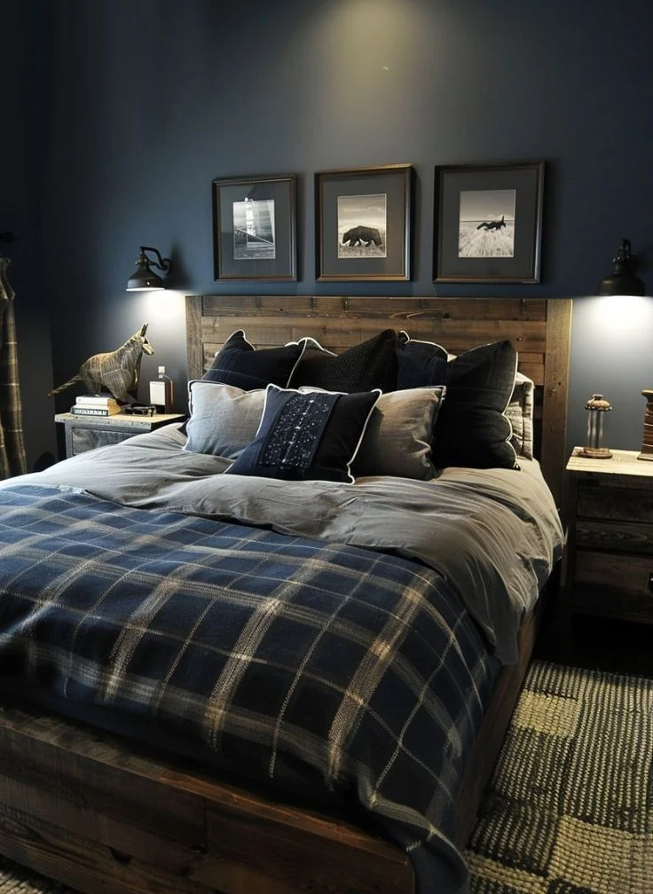 18 Blue Bedroom Ideas That Are Giving “Main Character Energy” Right Now 16 Blue Plaid Cozy Cabin Vibes
