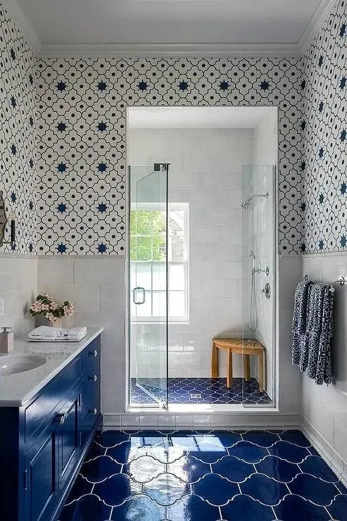 19 Blue Bathroom Ideas That Look Straight Out of a Pinterest Dream Board 7 Blue and White Vintage Tiles