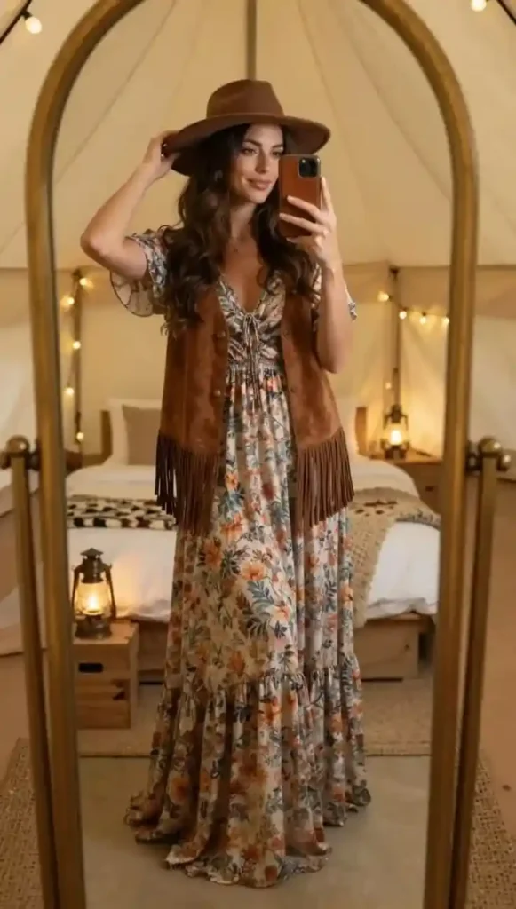 Dress Season Isn’t Over: 15 Fall Outfits Dress Lovers Will Adore 7 Boho Maxi Dress With a Suede Waistcoat