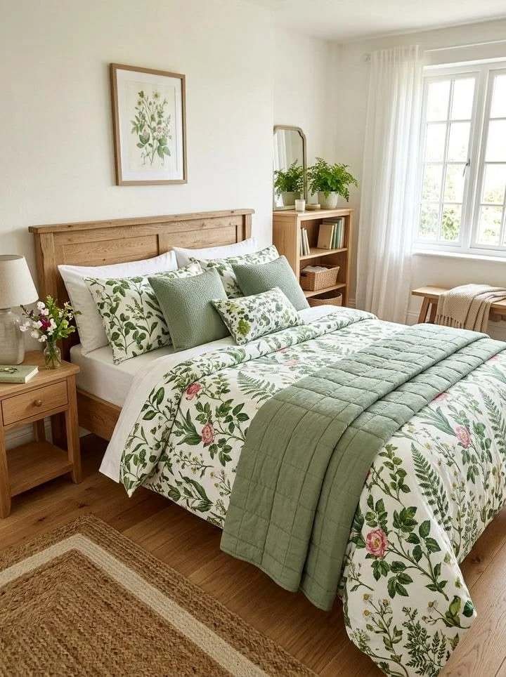 19 Green Bedroom Ideas That Are So Cozy & Chic You’ll Want to Redecorate This Weekend 4 Botanical Green Bedroom