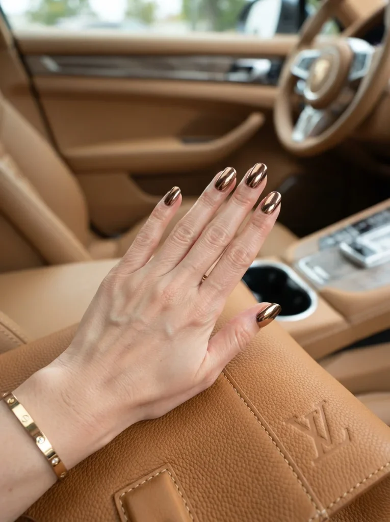 17 Brown Fall Nails That Look Expensive, Cozy, and Perfect for Autumn 10 Bronze Chrome brown fall nails 765x1024 1