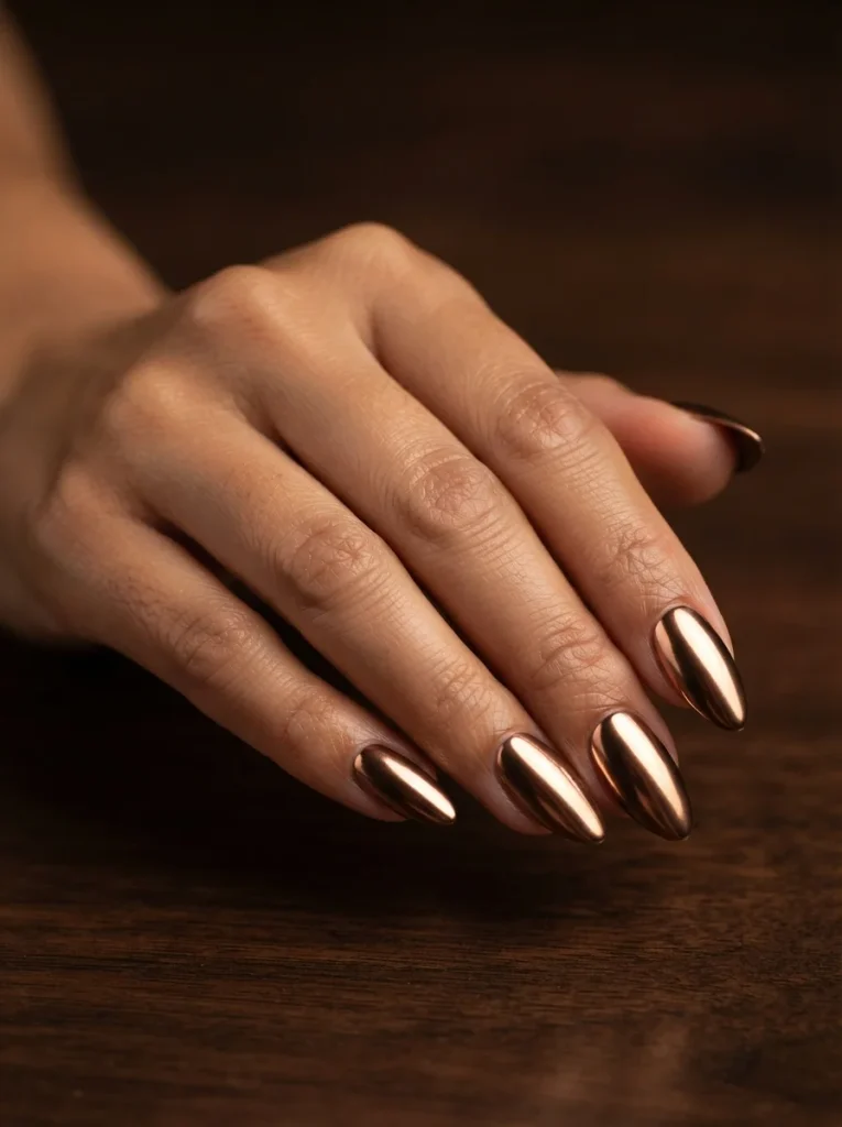 Bronze Chrome for a Statement Look Fall Almond Nails