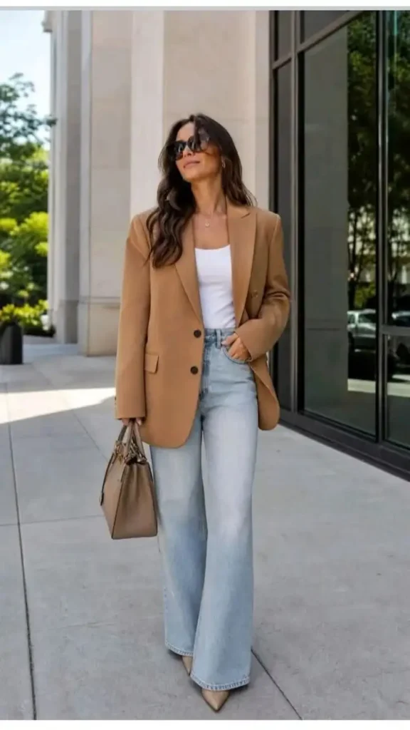 14 Fall Outfits Aesthetic Looks That Make Cozy Dressing Feel Effortlessly Stylish 7 Brown Blazer With Blue Denim