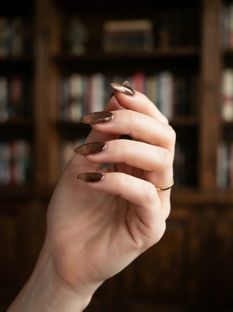 17 Brown Fall Nails That Look Expensive, Cozy, and Perfect for Autumn 11 Brown Glitter Ombre Brown Fall Nails
