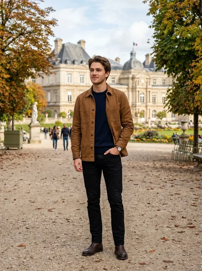 14 Fall Outfits Men Will Want to Wear This Season for Effortless Style 3 Brown Overshirt With Black Jeans
