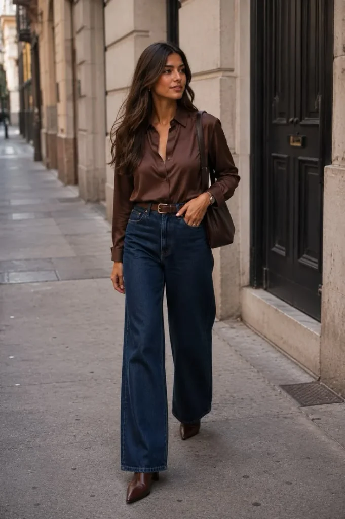 From Caramel to Chocolate: 16 Brown Fall Outfits That Look So Chic 15 Brown Pinstripe Shirt With Dark Denim