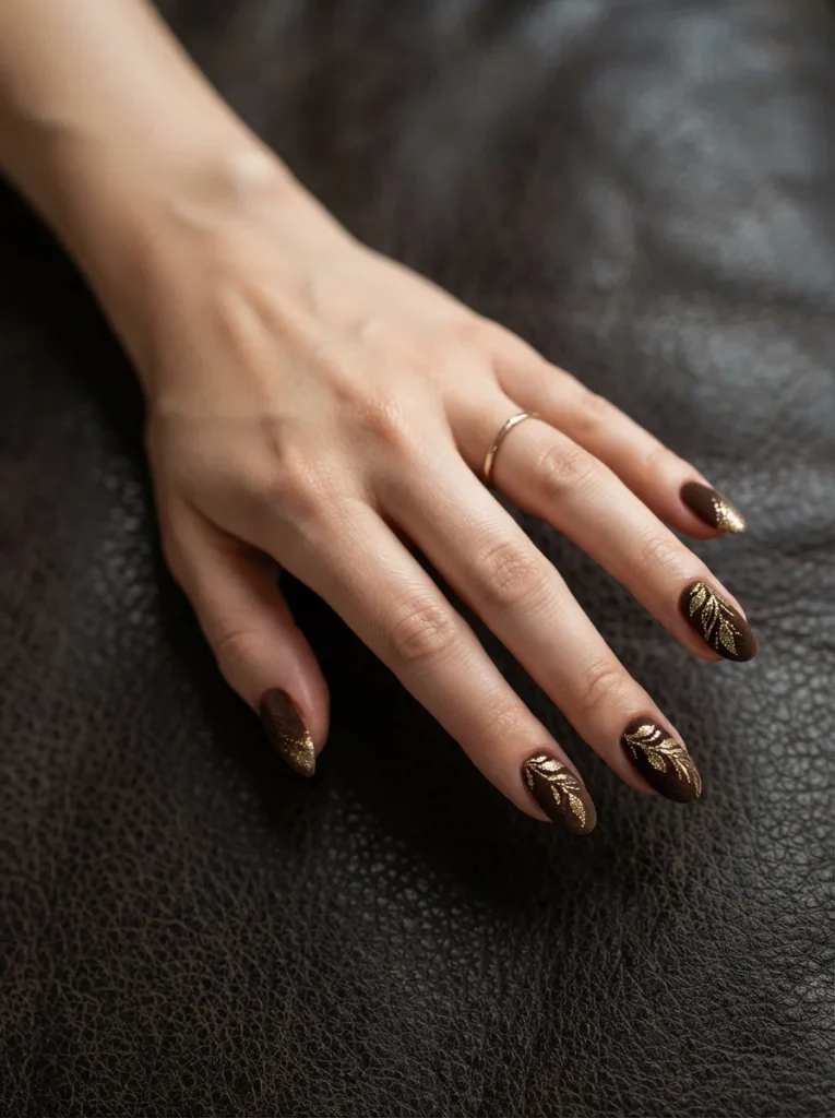 17 Brown Fall Nails That Look Expensive, Cozy, and Perfect for Autumn 17 Brown Velvet with Gold Detailing Brown Fall Nails