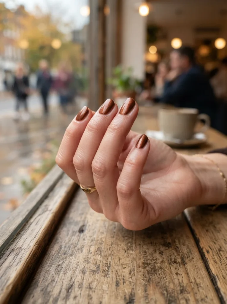 17 Brown Fall Nails That Look Expensive, Cozy, and Perfect for Autumn 13 Brown and Copper Foil Accent Brown Fall Nails