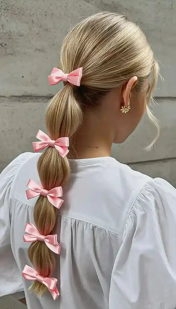 Love Is in the Hair: 15 Valentine's Day Hairstyles for Every Kind of Date 8 Bubble Ponytail With Ribbons