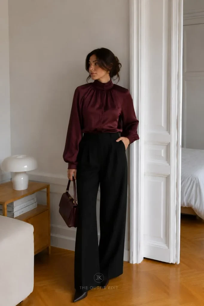 16 Fall Work Outfits That Make Getting Dressed for the Office So Much Easier 12 Burgundy Blouse With Black Trousers