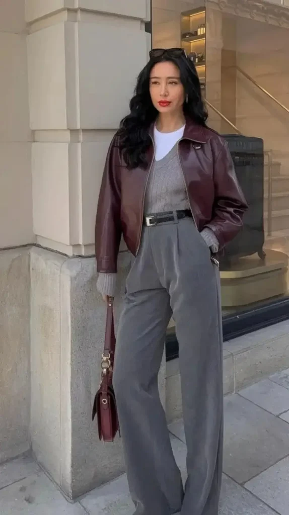 One Jacket, So Many Moods: 15 Leather Jacket Fall Outfits 3 Burgundy Leather Jacket With Grey Trousers