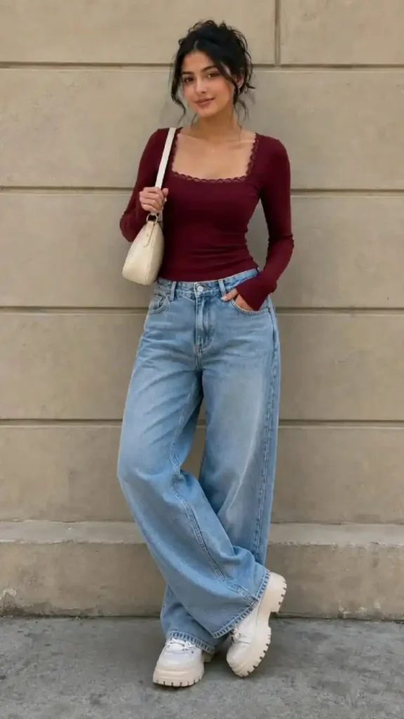 Cute, Cozy, and Photo-Ready: 13 Fall Outfits Pumpkin Patch Days Deserve 12 Burgundy Thermal Top With Relaxed Jeans