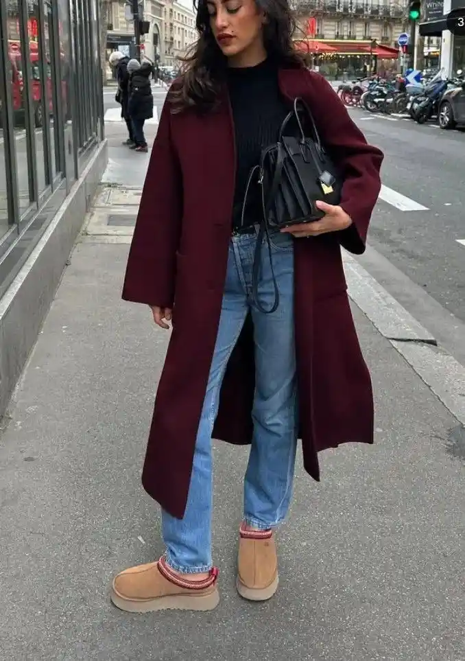 Cozy Shoes, Better Outfits: 15 Uggs Fall Outfits You’ll Live In 14 Burgundy Uggs With Dark Wash Denim Culottes