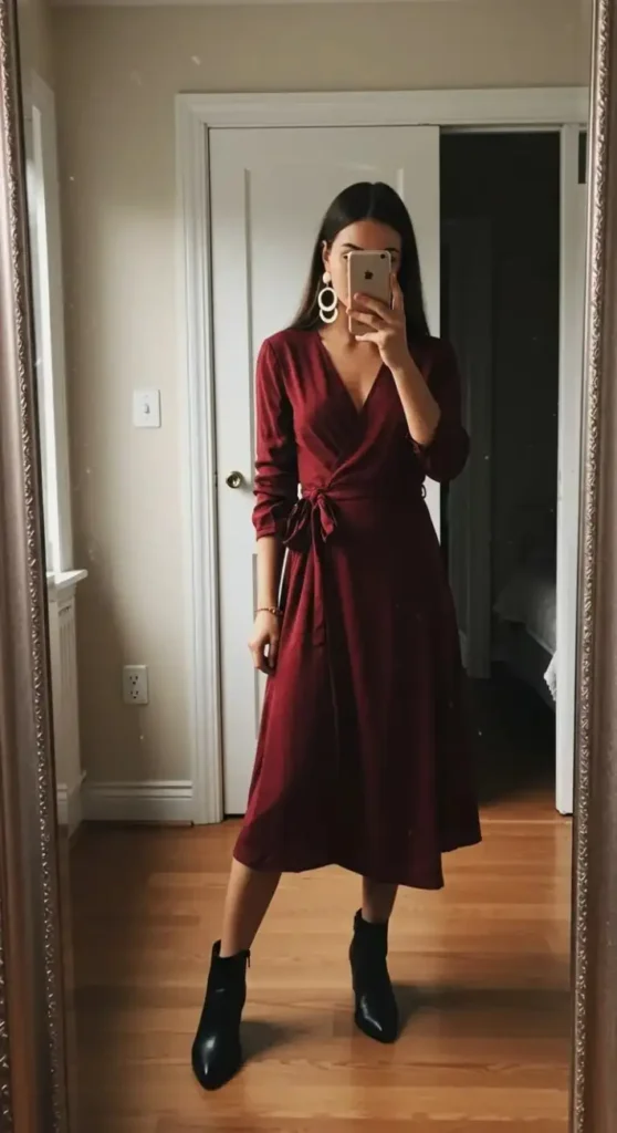 Dress Season Isn’t Over: 15 Fall Outfits Dress Lovers Will Adore 8 Burgundy Wrap Dress With Nude Boots