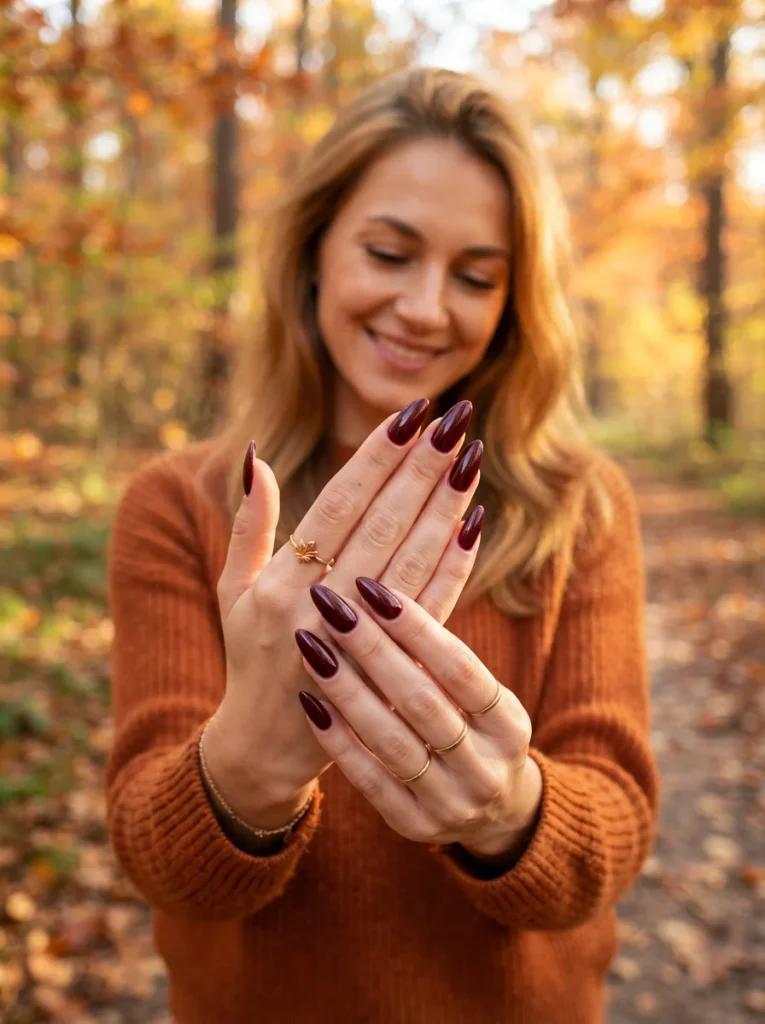 Burgundy on Long Almond Nails