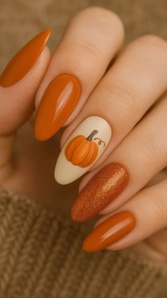 14 Fall Pumpkin Nails That Make Autumn Manicures Feel Extra Cozy 1 Burnt Orange Pumpkin Accent Nails