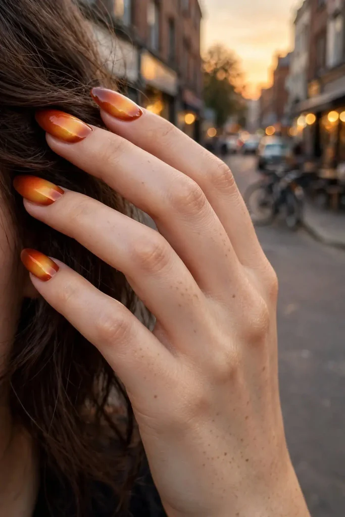 14 Fall Aura Nails That Create the Dreamiest Autumn Manicure Looks 4 Burnt Orange Sunset Fade