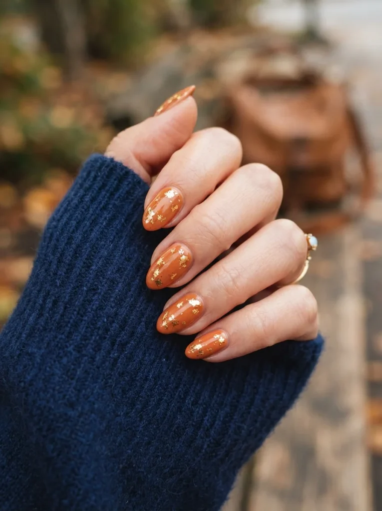 Burnt Orange with Gold Leaf Accents Fall Almond Nails
