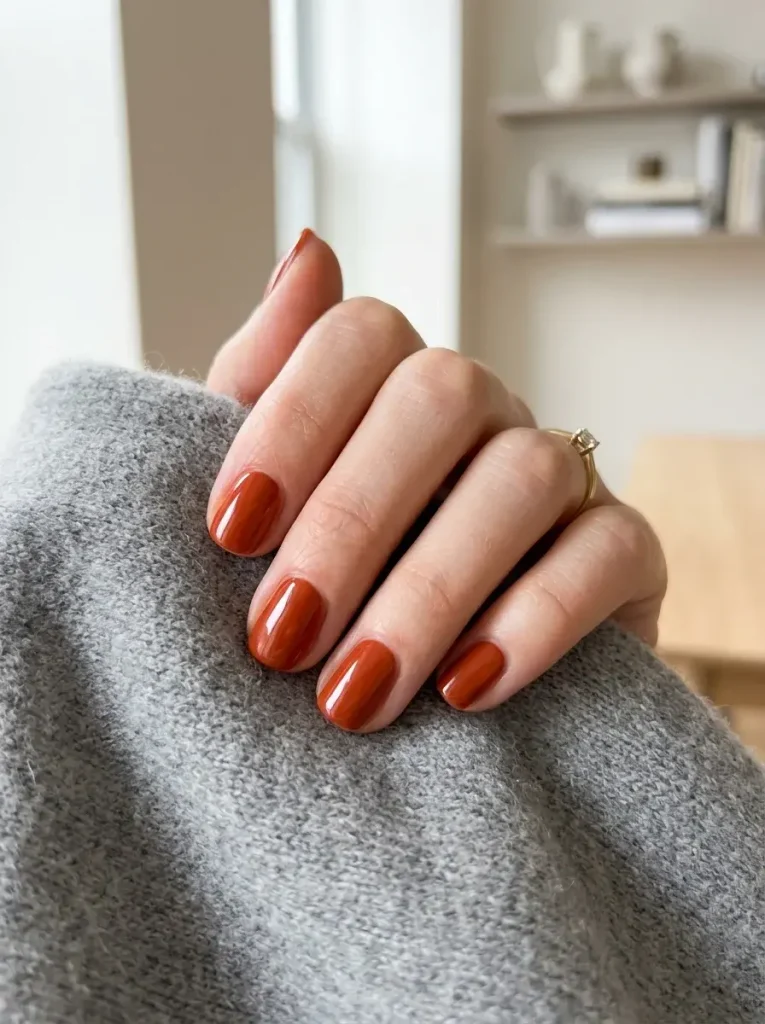 17 Short Fall Nails That Prove Less Length Means More Style This Season 14 Burnt Sienna with a Glossy Finish short fall nails
