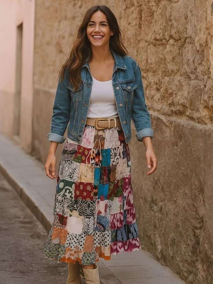 The Cozy-Girl Guide to 17 Boho Fall Outfits That Feel Effortlessly Stylish 14 Button Down Shirt With a Patchwork Skirt