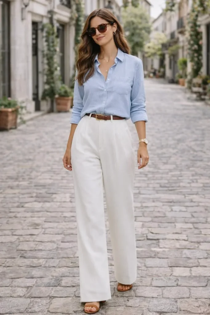 Fall Office Style Made Easy: 15 Fall Business Casual Outfits That Look Effortlessly Polished 3 Button Down Shirt and Wide Leg Trousers