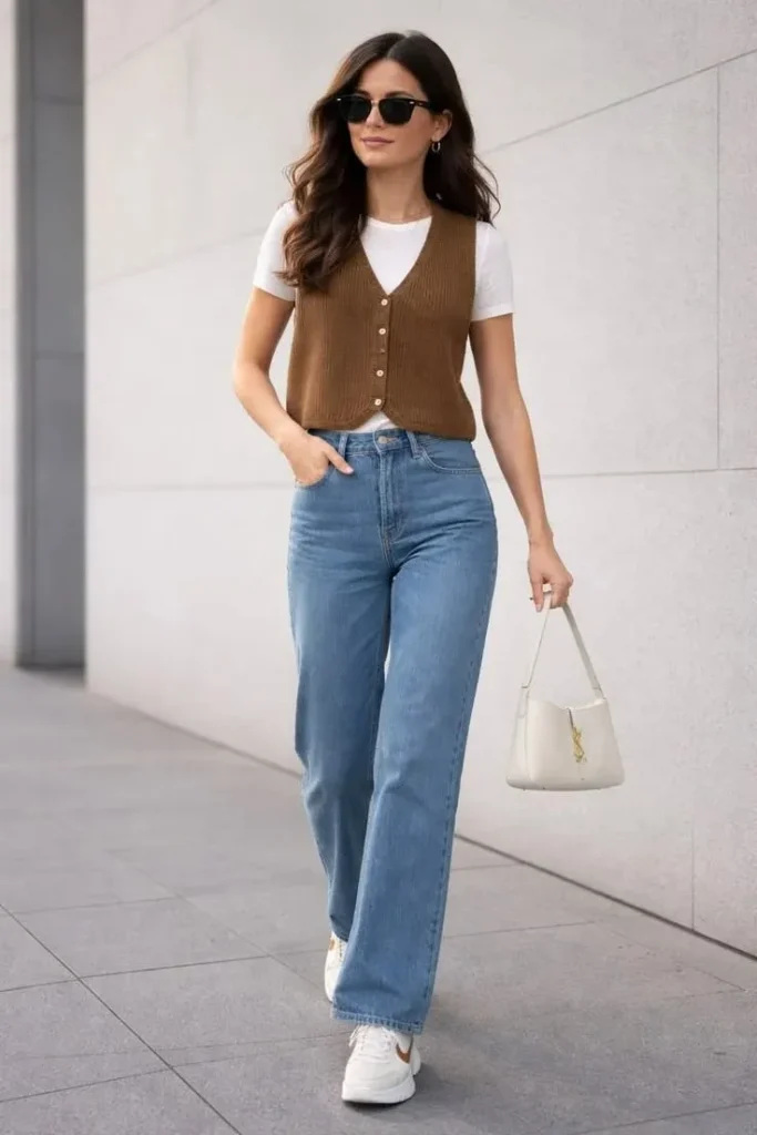 Easy Layers, Great Fits: 14 Midsize Fall Outfits That Feel So Good 5 Buttoned Knit Vest With Barrel Leg Jeans