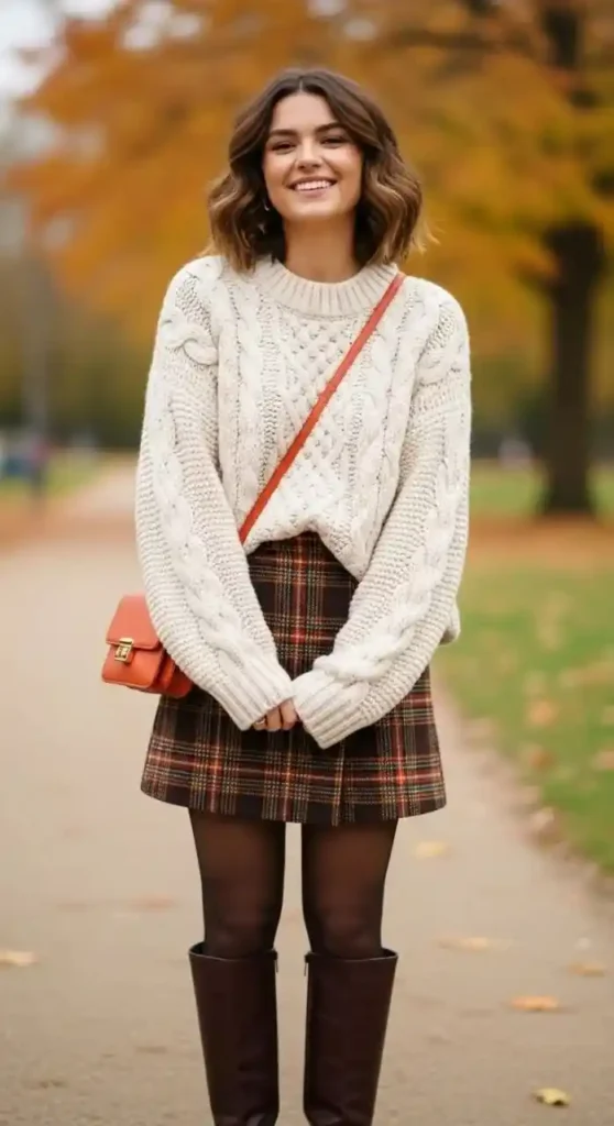 Cozy Meets Chic: 14 Fall Sweater Outfits You’ll Want to Wear on Repeat 7 Cable Knit Sweater With a Plaid Skirt