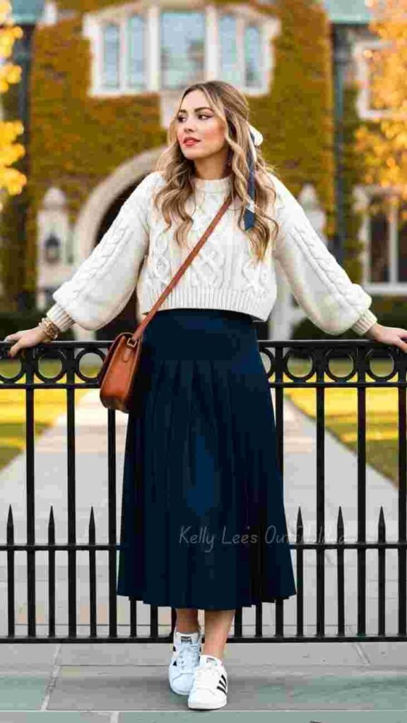 Your Fall Wardrobe Just Got Smarter With These 15 Preppy Fall Outfits 1 Cable Knit Sweater With a Pleated Skirt