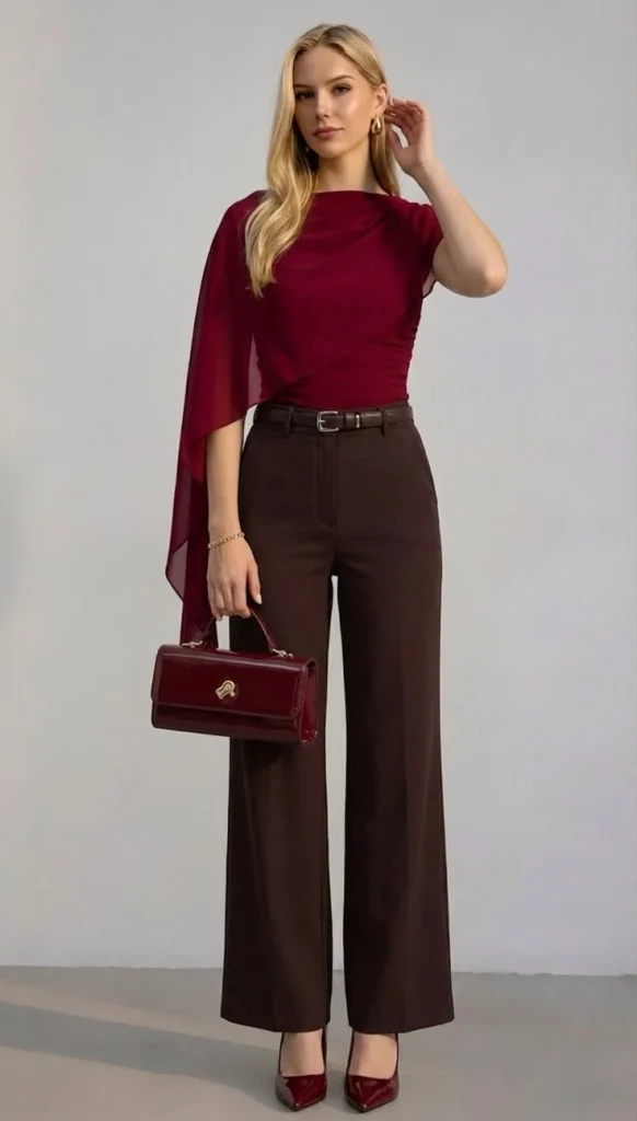 From Caramel to Chocolate: 16 Brown Fall Outfits That Look So Chic 10 Camel Cape Top With Burgundy Pants