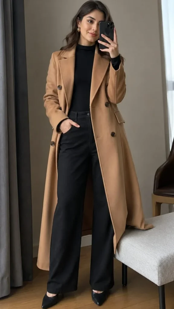 Your Fall Closet Just Got Better: 15 Classy Fall Outfits That Feel Effortlessly Chic 1 Camel Coat With a Black Turtleneck and Trousers