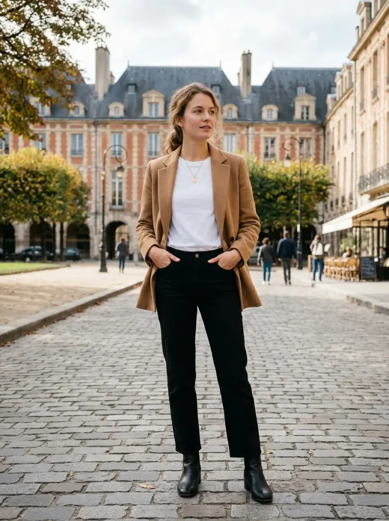 16 Fall Work Outfits, Built Around the One Piece You Decide On First 2 Camel blazer white tee straight black trousers