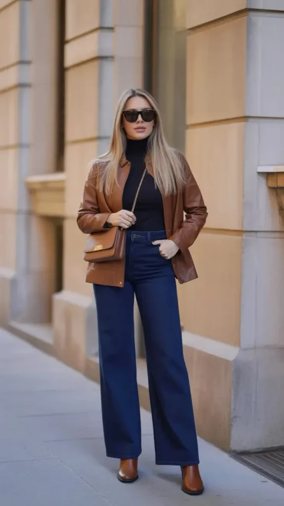 From Caramel to Chocolate: 16 Brown Fall Outfits That Look So Chic 2 Caramel Bomber Jacket With Navy Trousers