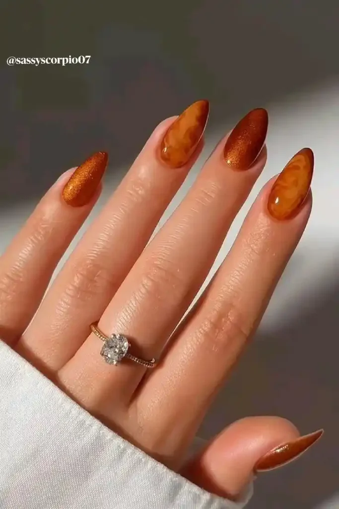 15 Fall Square Nails That Make Autumn Manicures Feel Extra Chic 9 Caramel Chrome fall Nails