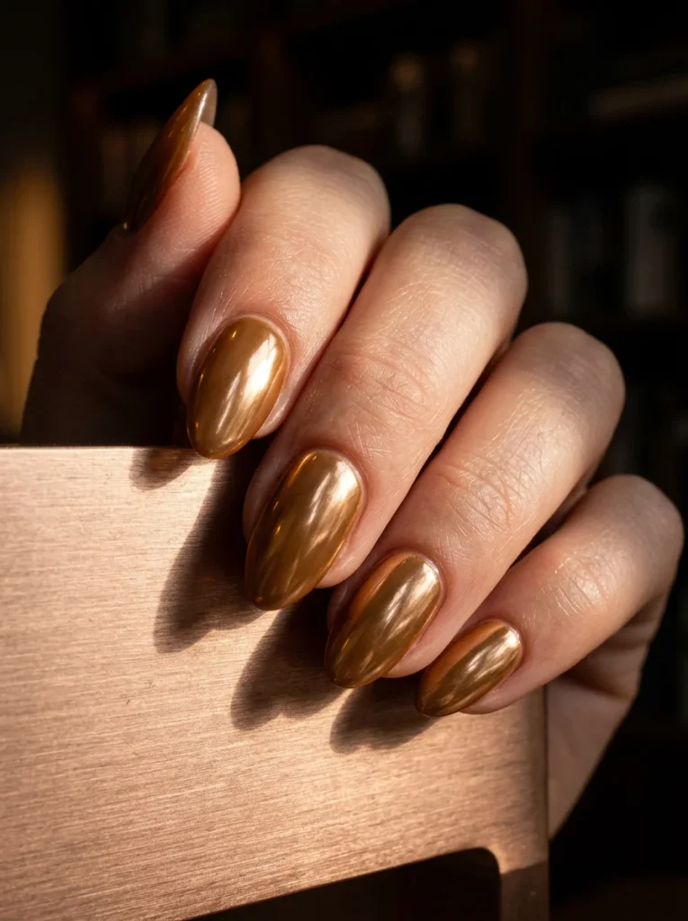 16 Cute Fall Nails That Will Make Your Autumn Manicure Look Cozy and Trendy 3 Caramel Chrome for a Warm Glow