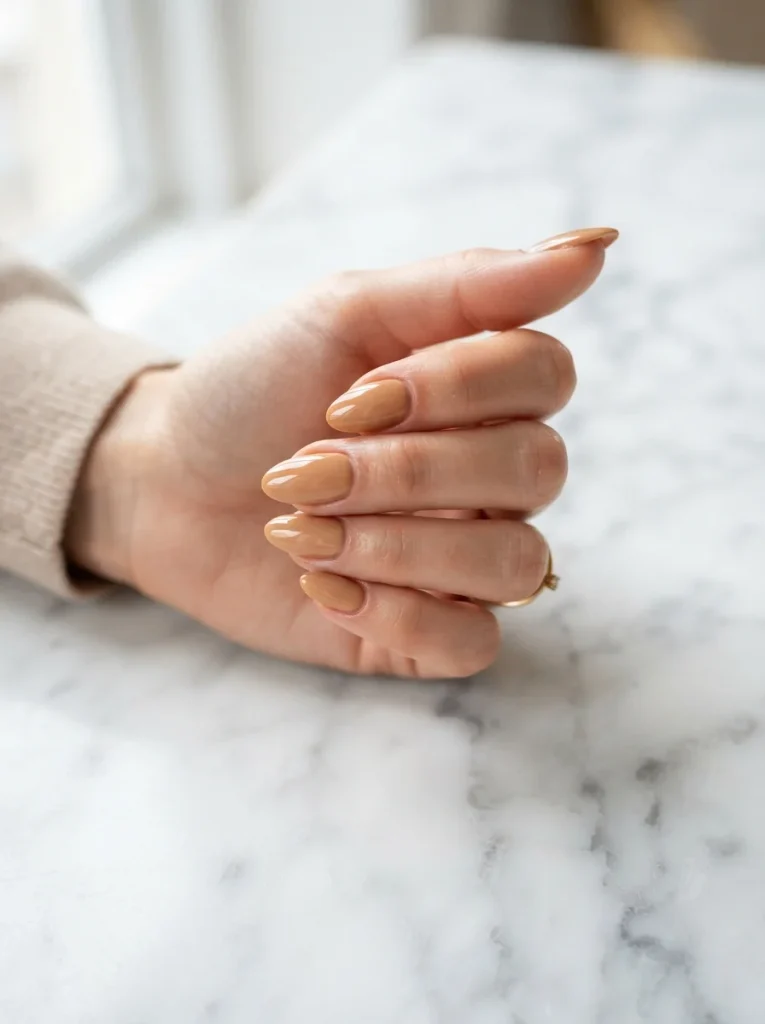 Caramel Cream for a Softer Neutral Fall Almond Nails
