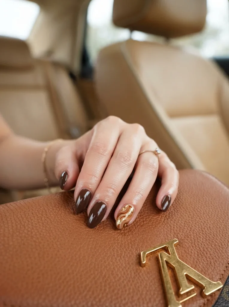 17 Brown Fall Nails That Look Expensive, Cozy, and Perfect for Autumn 9 Caramel Swirl Accent Nail Brown Fall Nails