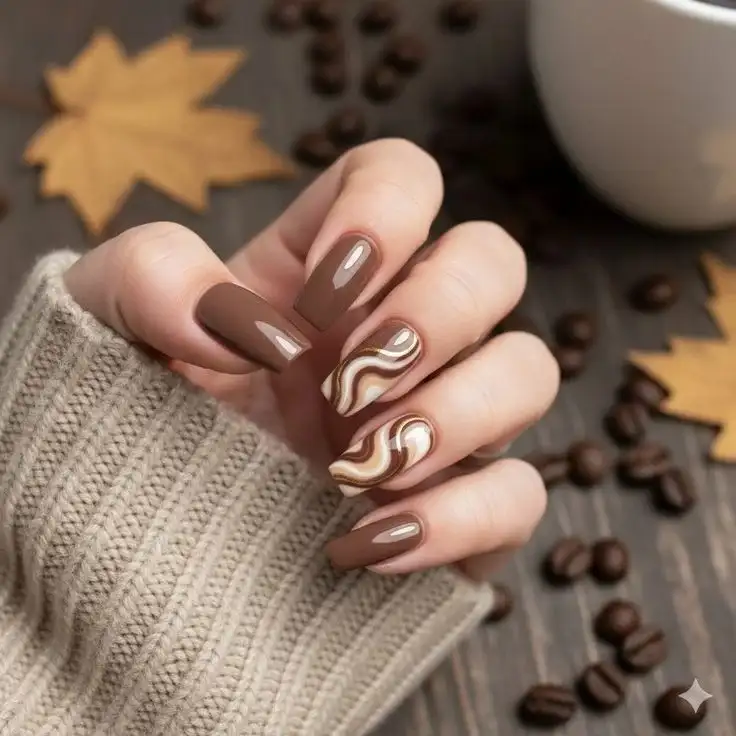 16 Cute Fall Nails That Make Your Cozy Season Look 10x Better 9 Caramel Swirl Nails