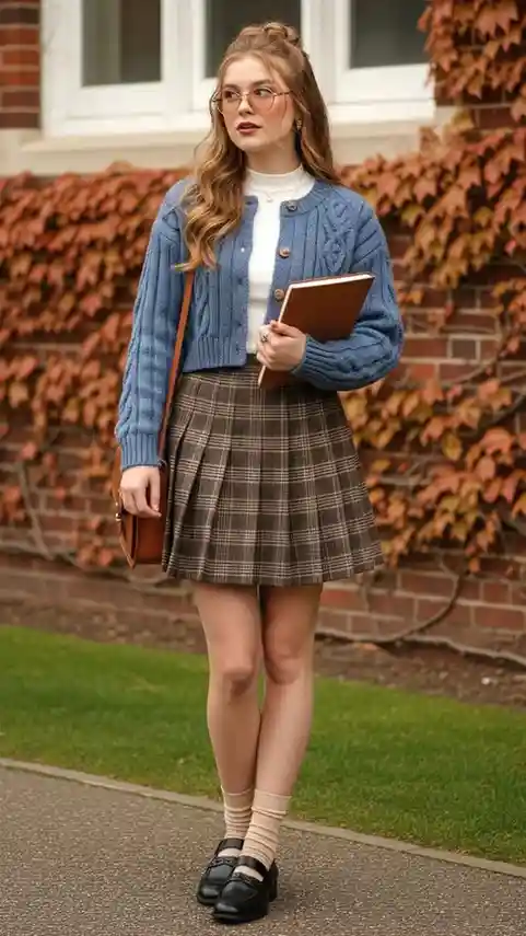 Your Fall Wardrobe Just Got Smarter With These 15 Preppy Fall Outfits 5 Cardigan With a Plaid Mini Skirt
