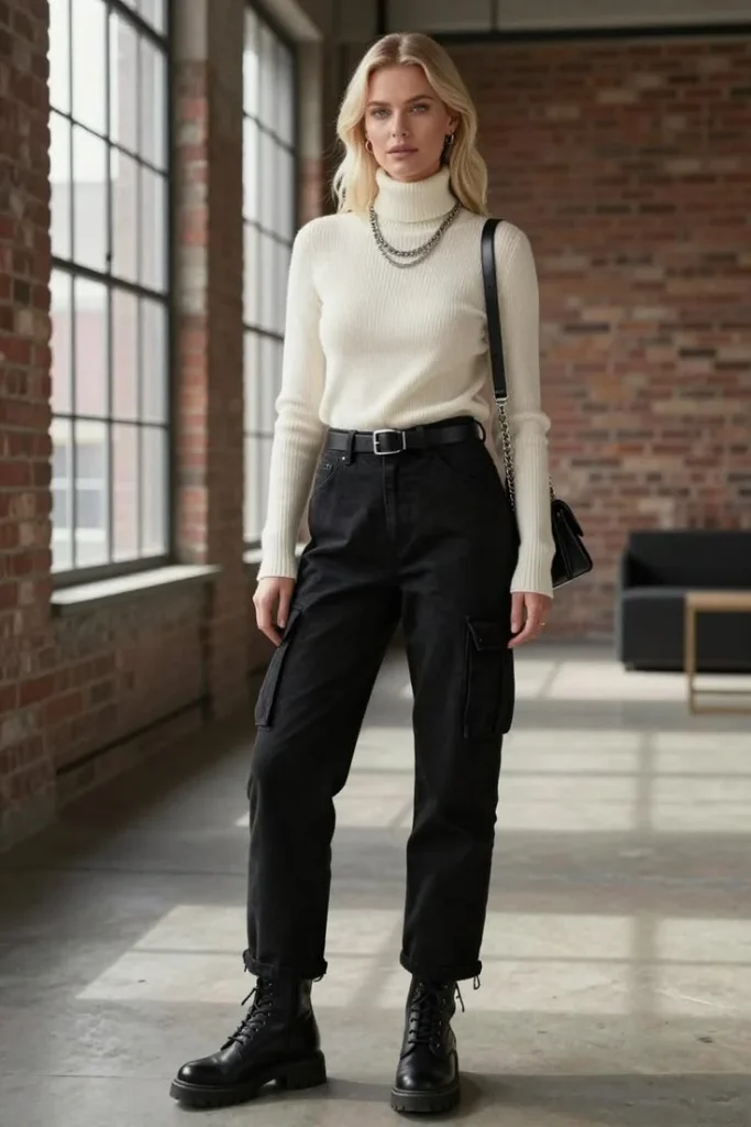 17 Fall Outfits with Boots That Make Getting Dressed Feel So Much Easier 13 Cargo Pants Fitted Top and Chunky Boots