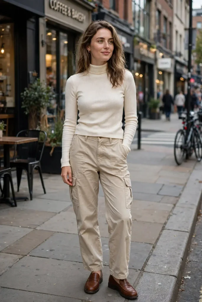 14 Edgy Fall Outfits That'll Make Your Closet Actually Interesting 9 Cargo Pants and a Fitted Turtleneck