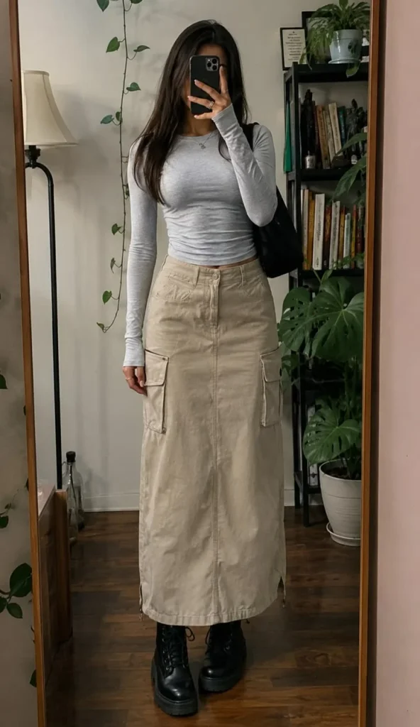 15 Fall Outfits Skirt Lovers Can Wear for an Effortlessly Chic Season 12 Cargo Skirt With a Fitted Long Sleeve Top