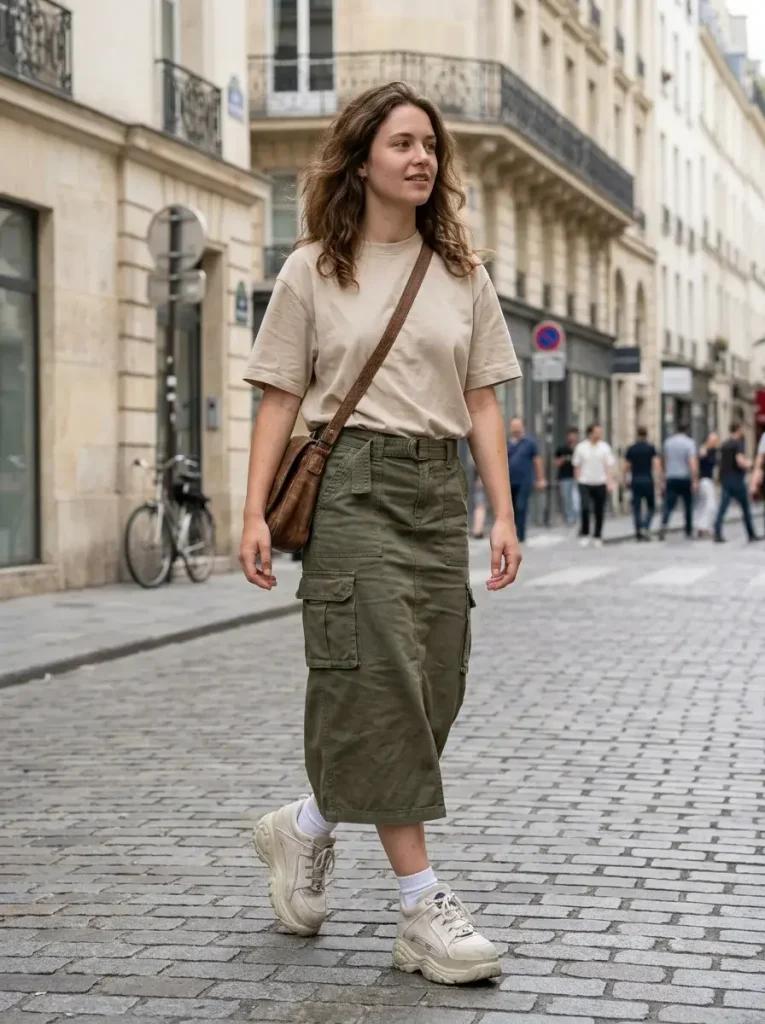 14 Jean Jacket Outfits for Fall (Sorted by What Your Day Actually Looks Like) 7 Cargo Skirt and Chunky Sneakers