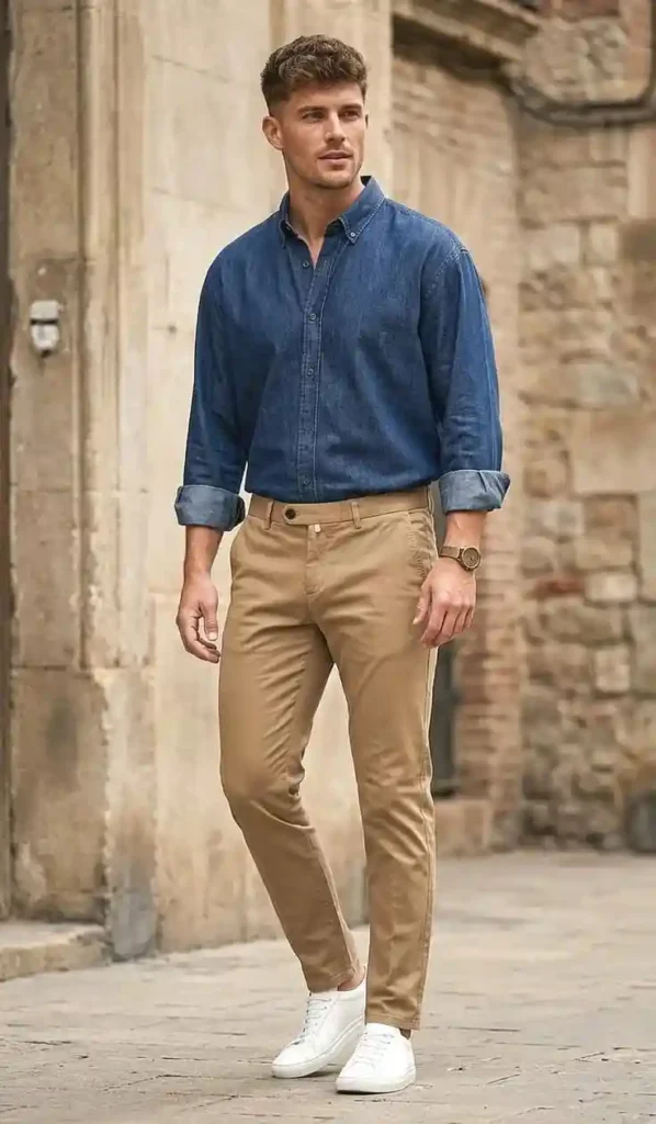 Cute, Cozy, and Photo-Ready: 13 Fall Outfits Pumpkin Patch Days Deserve 11 Chambray Shirt With Caramel Chinos